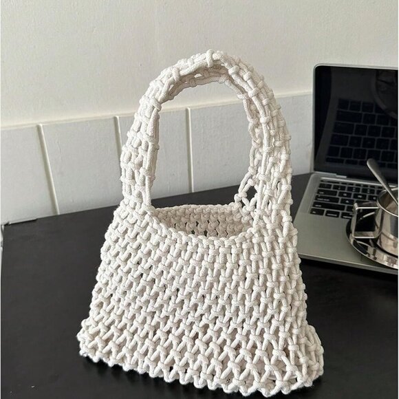 Women's Crocheted Beach Clutch Bag Foldable Top Handle Hollow Out Purse - Picture 2 of 5